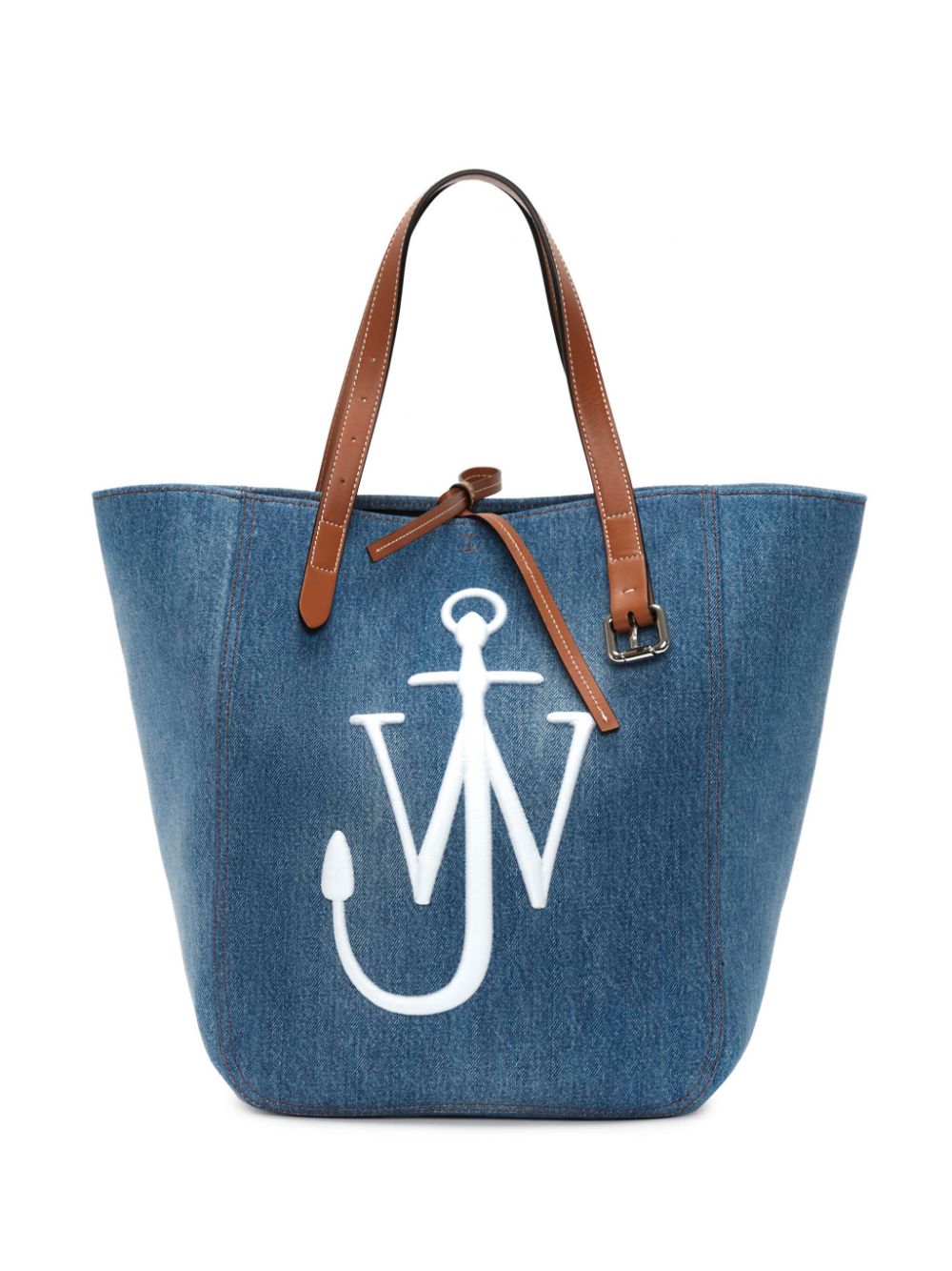 Túi Tote màu xanh denim dành cho nữ với logo màu lạc đà và điểm nhấn màu trắng