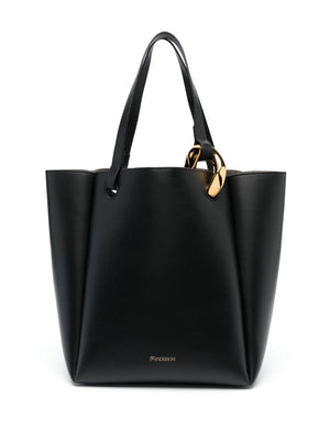 Black Leather Tote Bag with Chain Detail - FW23 Collection