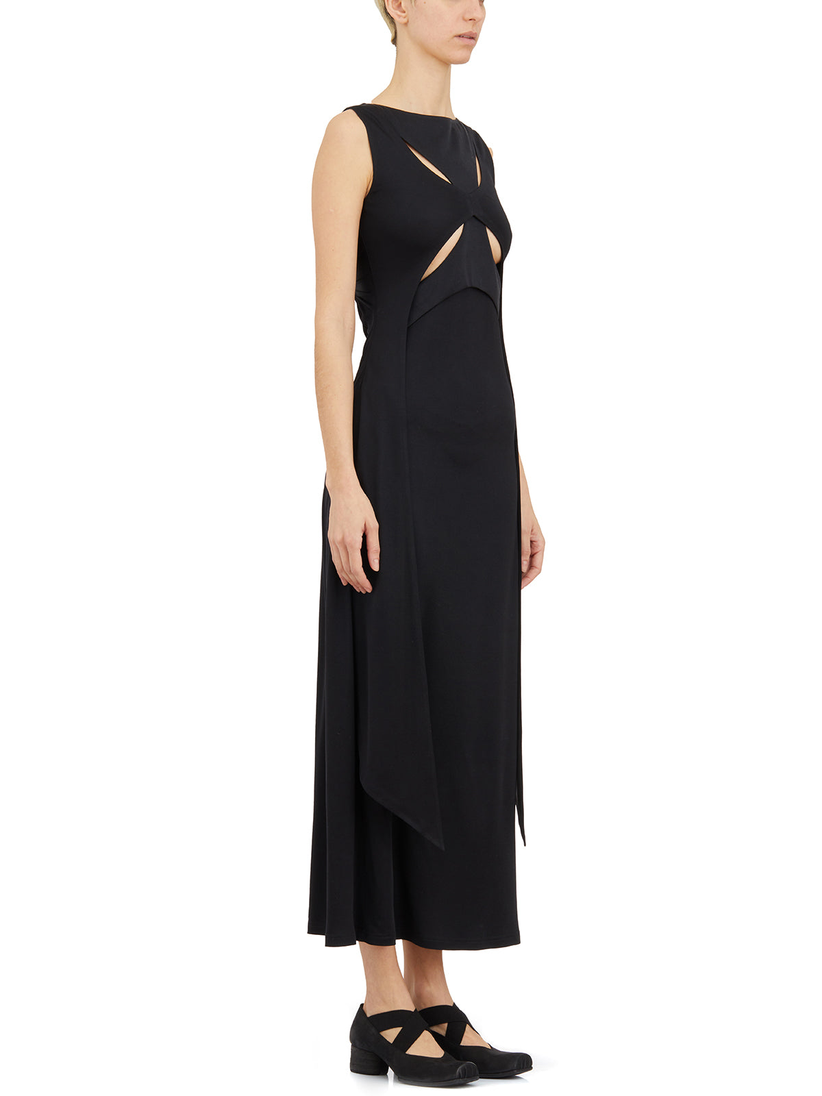 YEHUAFAN Black Long Silk Dress with Back Cutout, Boat Neckline, and Side Slits for Women