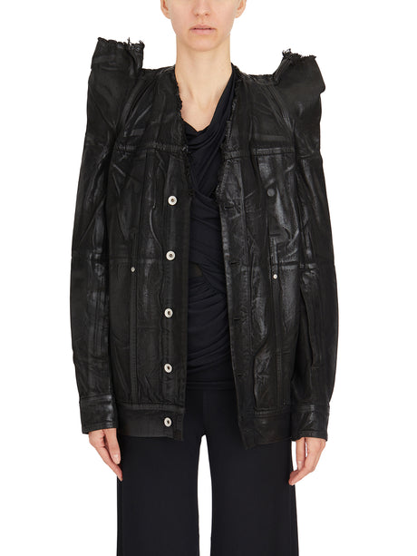 Áo khoác công sở bằng vải cotton đen có cổ áo và tay áo có khóa kéo cho nữ