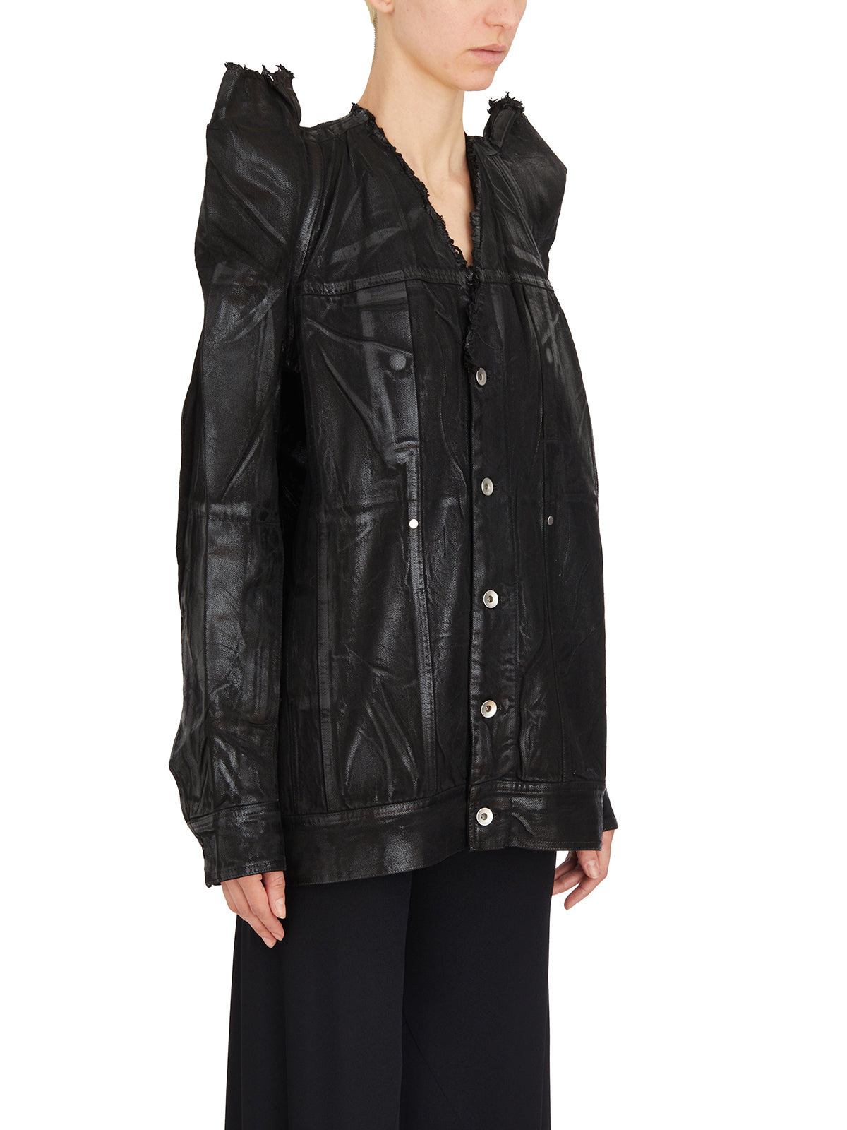 Áo khoác công sở bằng vải cotton đen có cổ áo và tay áo có khóa kéo cho nữ