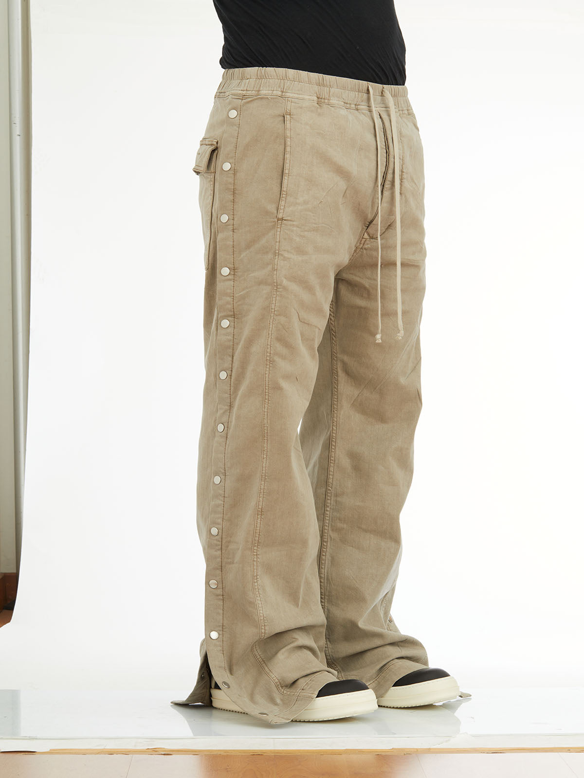 DRKSHDW Men's Grey Wide Leg Trousers - Elastic Waist, Side Buttons (SS24)