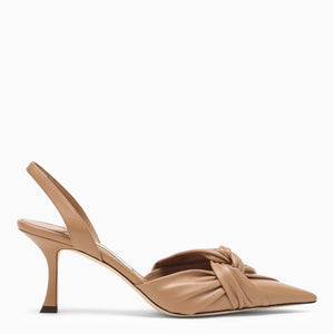 Biscuit-Coloured Leather Slingback - Pointed Design, Knot Detail, Curved Heel