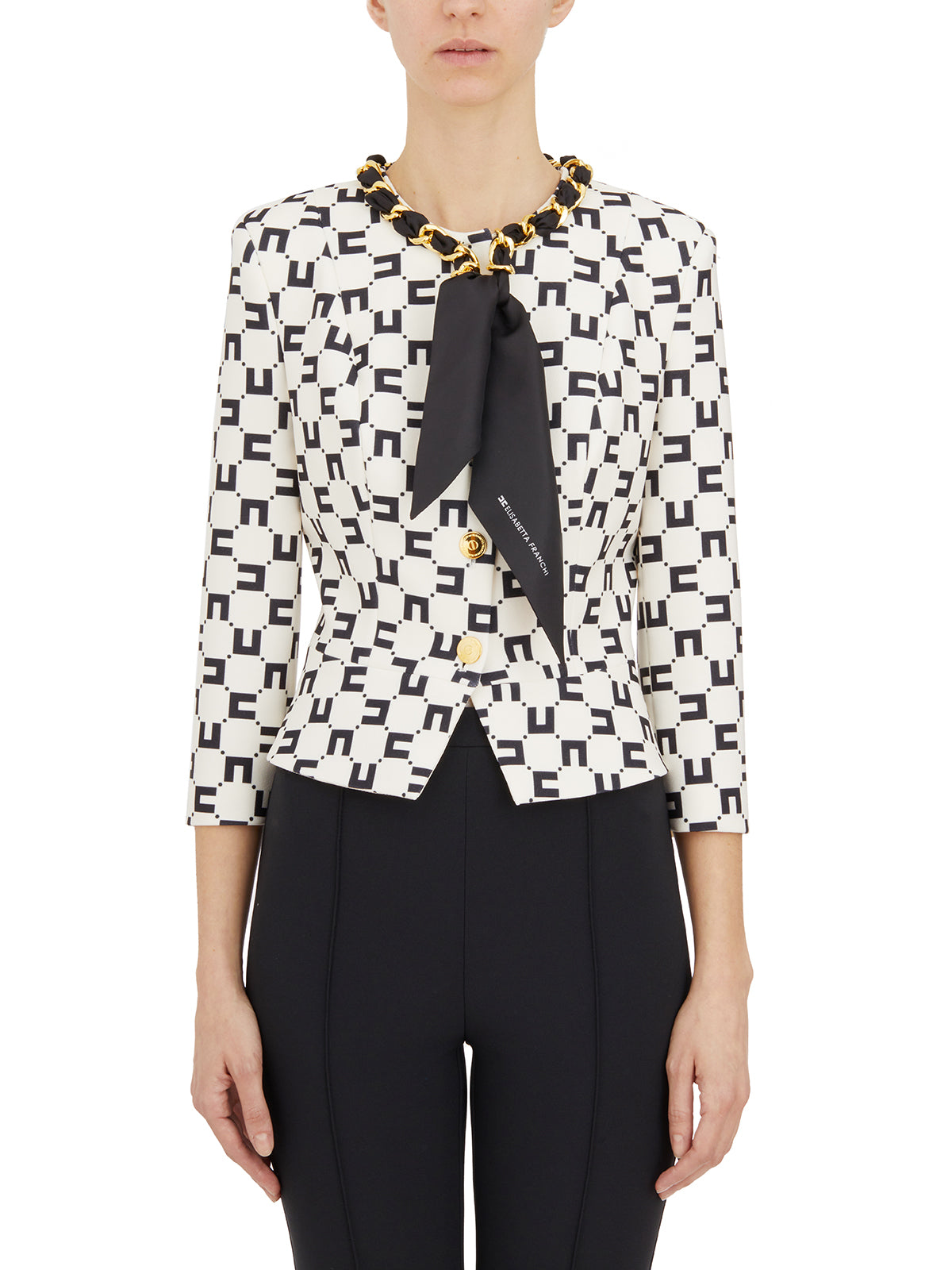 ELISABETTA FRANCHI Foulard Style Jacket in Monogram Satin Lining with Gold Metal Accents