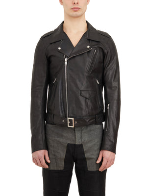 男士黑色真皮摩托夹克，带有拉链口袋和经典领子，适合SS24季节
