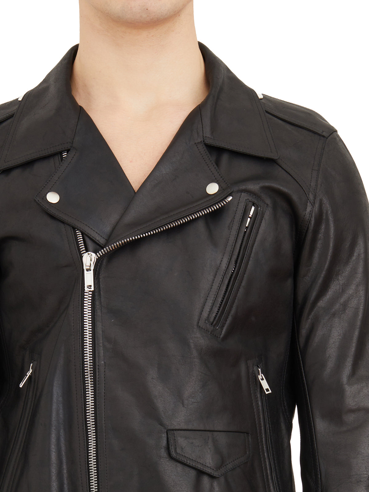 Áo khoác da nam kiểu biker màu đen với túi có khóa kéo và cổ áo cổ điển cho SS24