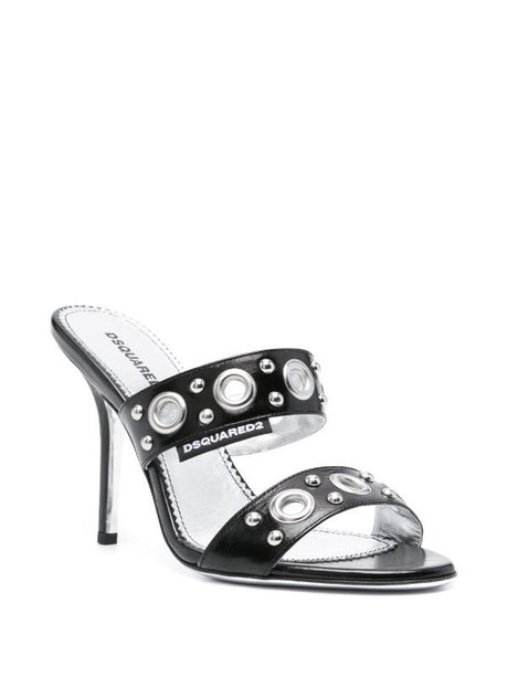 100毫米复古风格真皮凉鞋-女款黑色和银色铆钉细节露趾高跟鞋