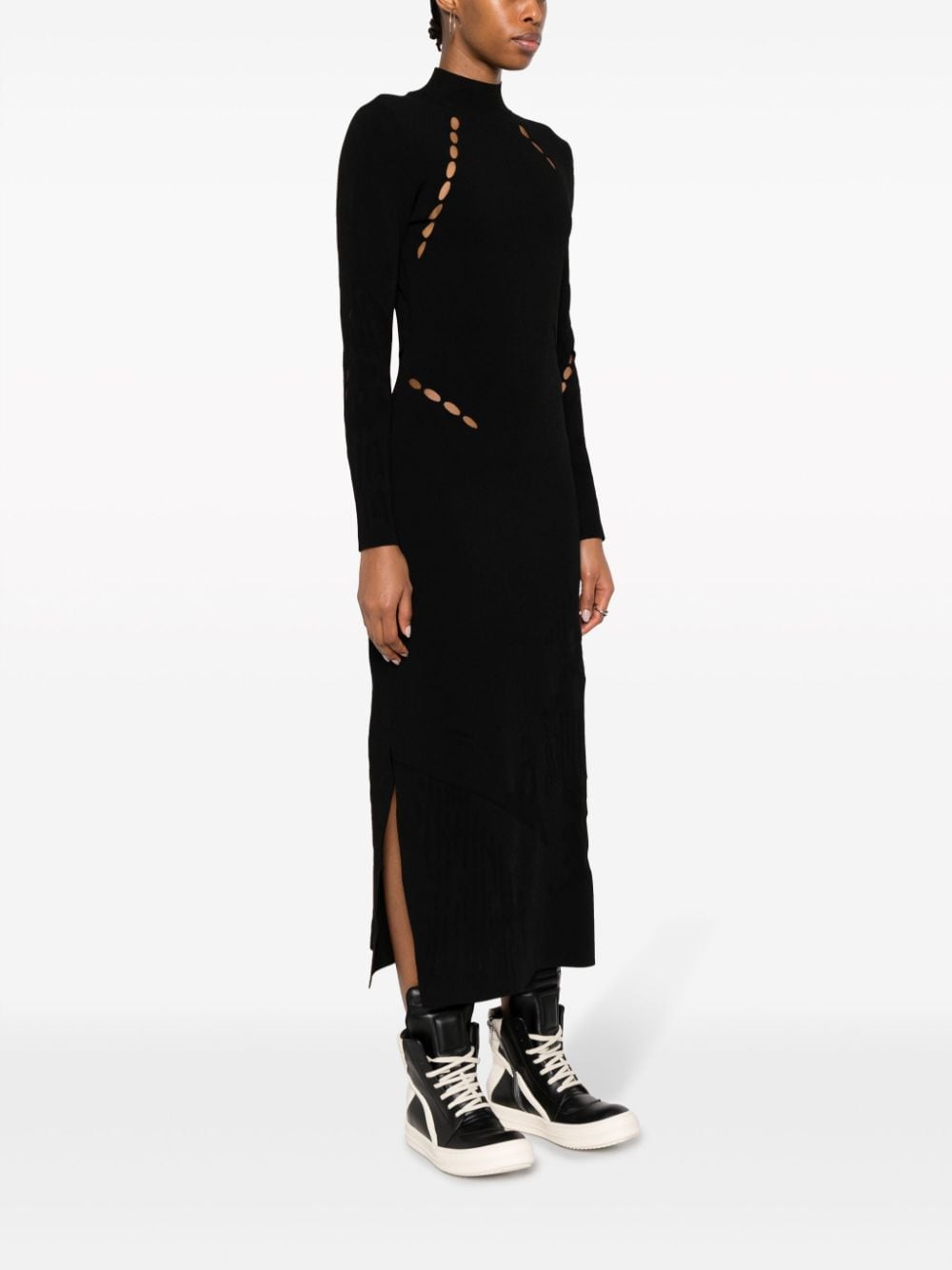 Black Devoré Knit Dress with Cut-Out Detailing and Side Slits