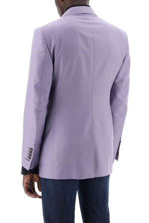 男士修身紫色西装外套 - 羊毛丝混纺，宽峰翻领，双扣设计