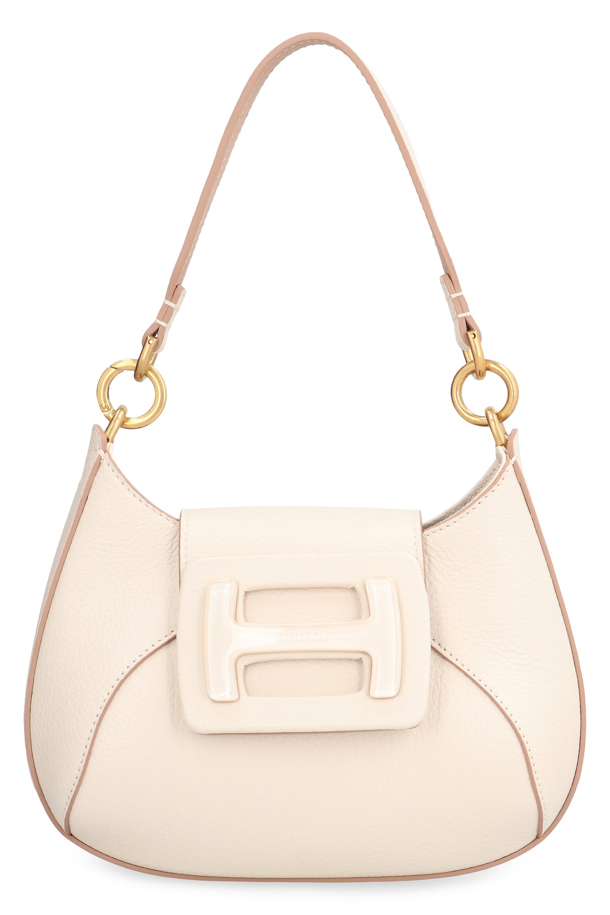 HOGAN Mini White Grainy Leather Hobo Handbag with Gold-Tone Accents