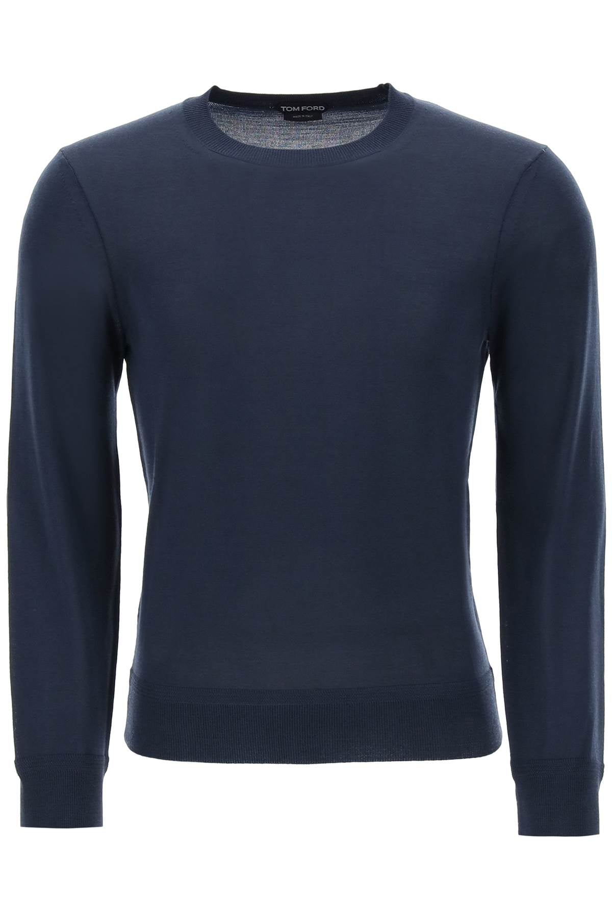 メンズ用高級な極細ウールセーター - 軽量なクルーネックのブルー