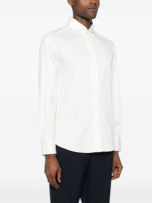 White Cotton Spread Collar Long Sleeve Shirt for Men