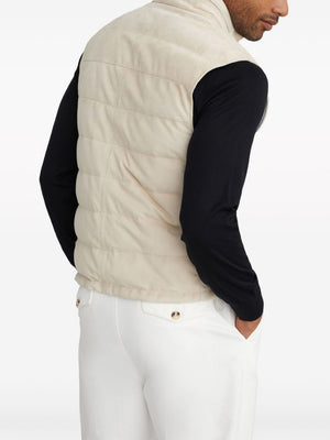 男士绒面皮革羽绒背心 - 米色棉质/皮革填充设计，高领，前拉链