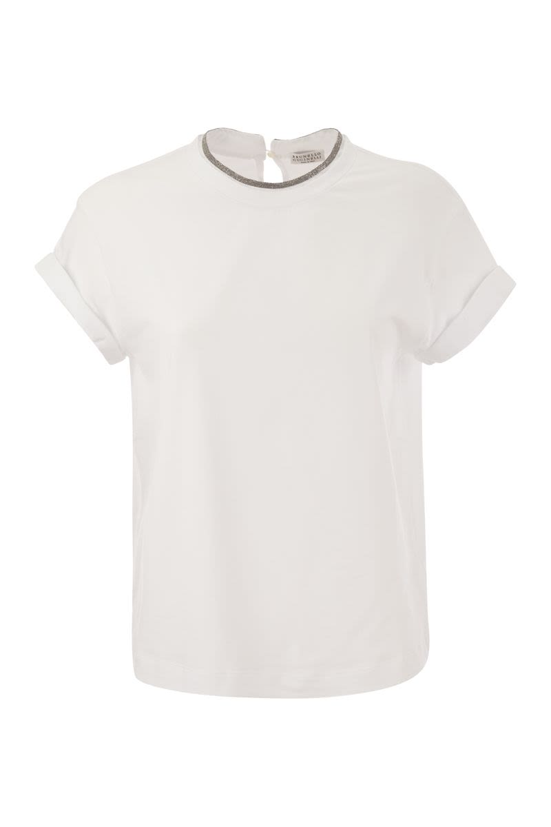 白のストレッチコットンTシャツ＆モニリ装飾