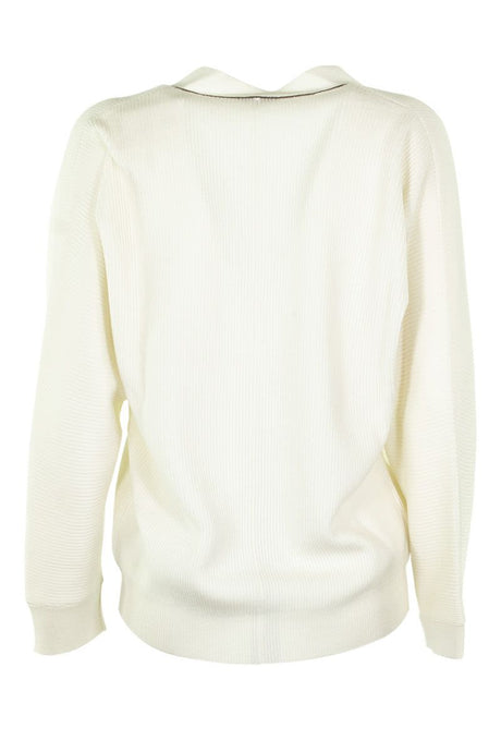現代白色V領羊毛衫，配備閃亮的莫尼利點綴