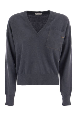 BRUNELLO CUCINELLI Blue Cashmere Sweater with Pocket: Luxury Knitwear for Women