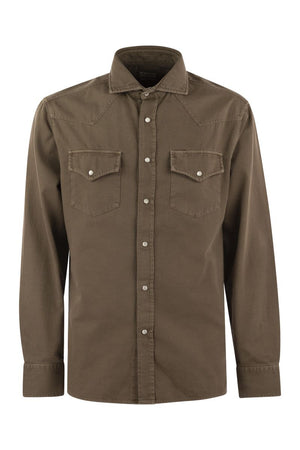 BRUNELLO CUCINELLI EASY-FIT SHIRT IN LIGHT GARMENT-DYED DENIM WITH PRESS STUDS, EPAULETTES AND POCKETS
