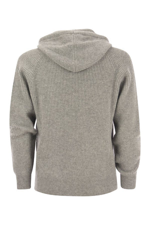 BRUNELLO CUCINELLI Men's Ribbed Cashmere Hoodie with Embroidered Logo and Zip Fastening