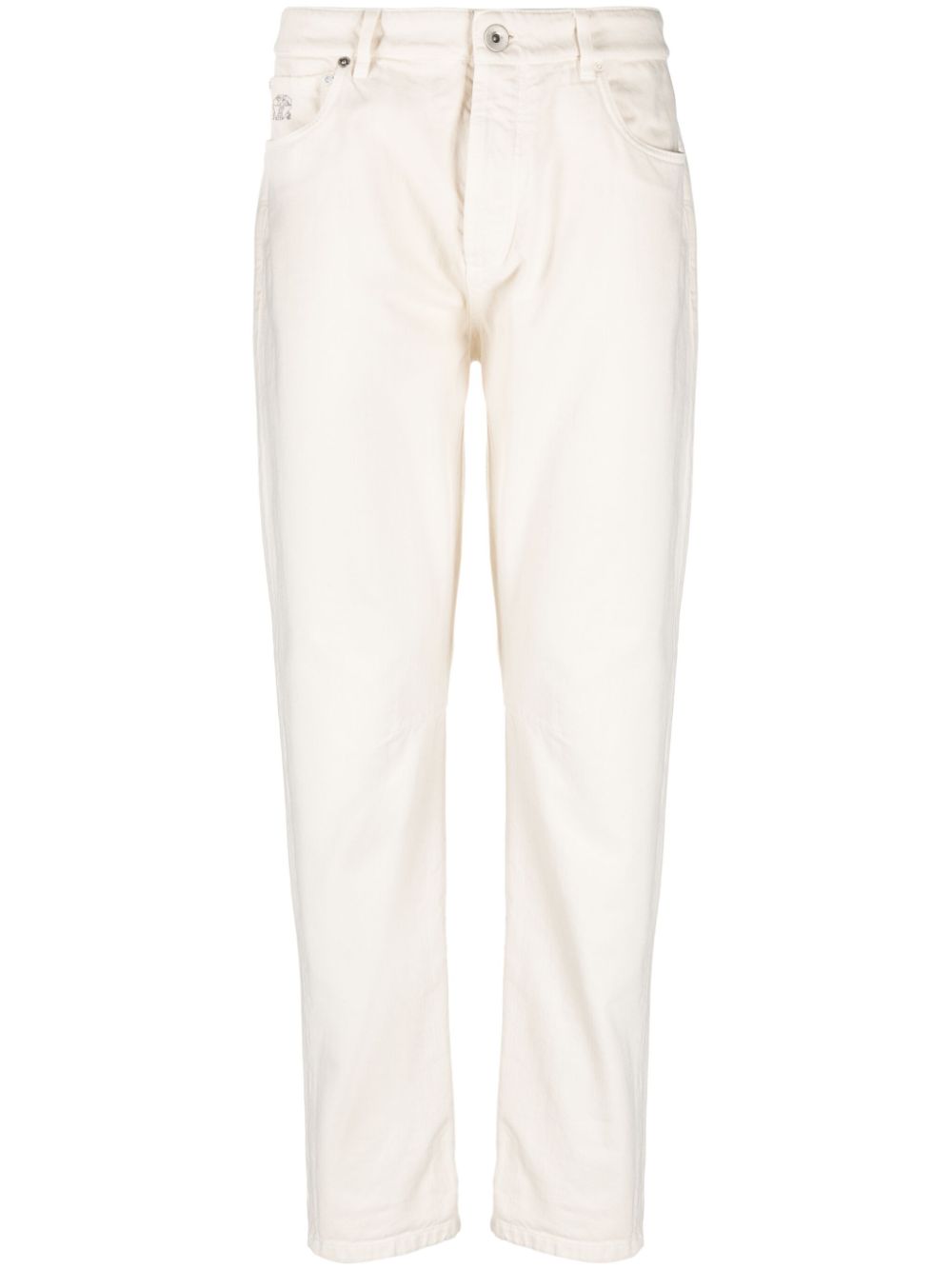 BRUNELLO CUCINELLI Men's Ivory White Cotton Leisure Trousers with Embroidered Logo and Straight Leg