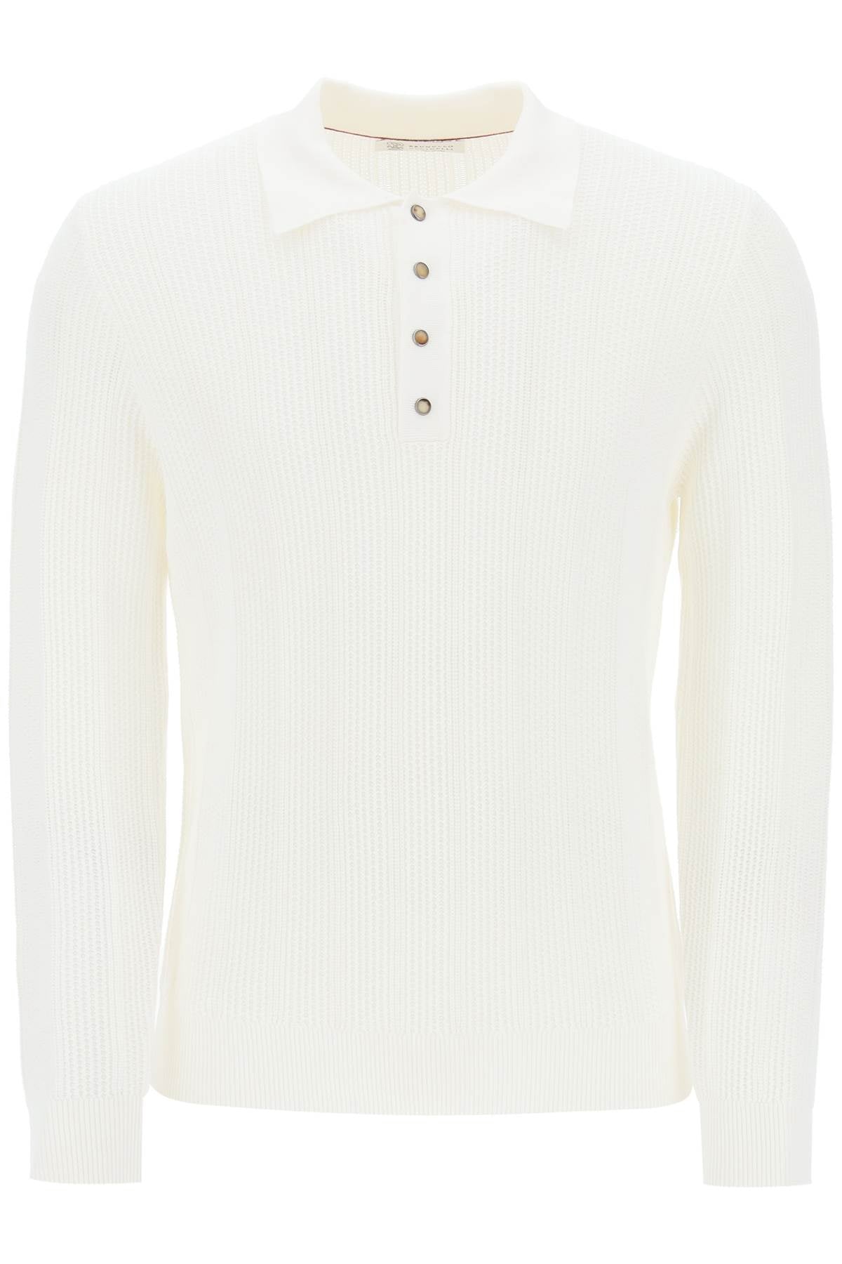 BRUNELLO CUCINELLI White Long-Sleeved Pointelle Knit Polo Shirt for Men