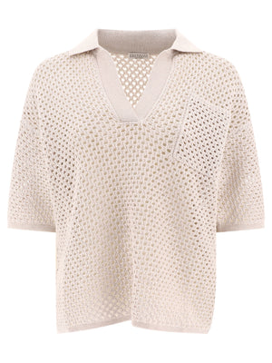 BRUNELLO CUCINELLI Relaxed Fit Open-Knit Polo Shirt for Women - V-Neckline, Ribbed Details, Tan Color - SS24