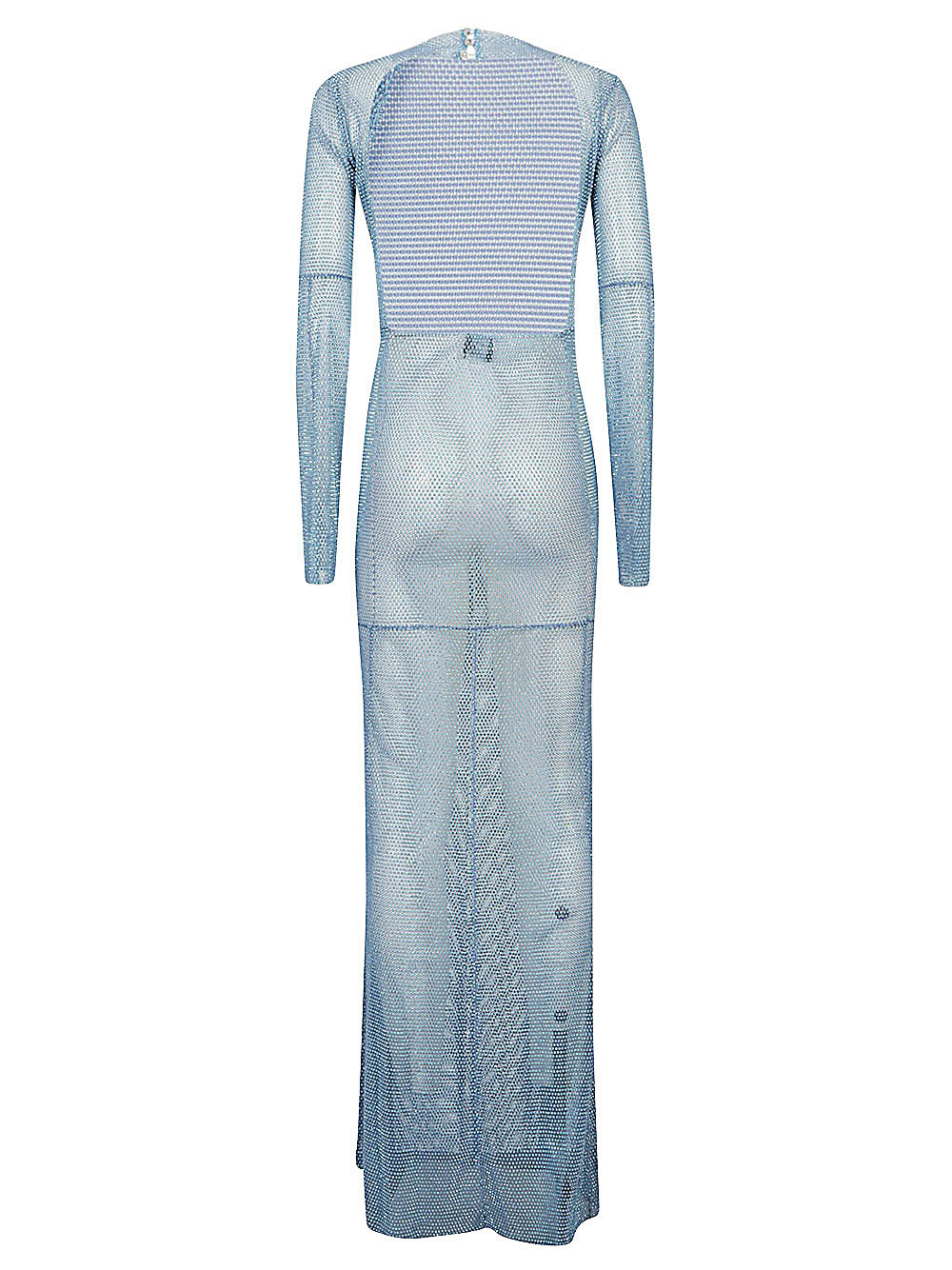 透明藍色長袖長裙，開背設計和鑲有水晶細節