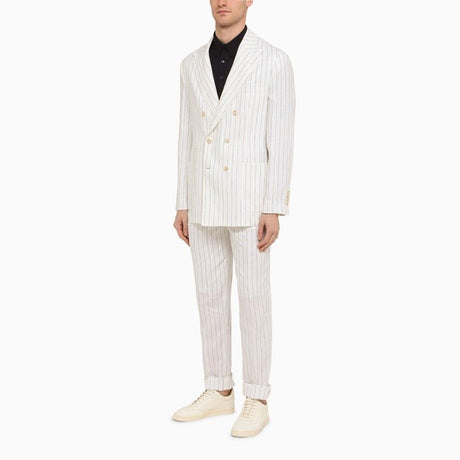 BRUNELLO CUCINELLI Men's White Linen Pinstripe Trousers for SS24