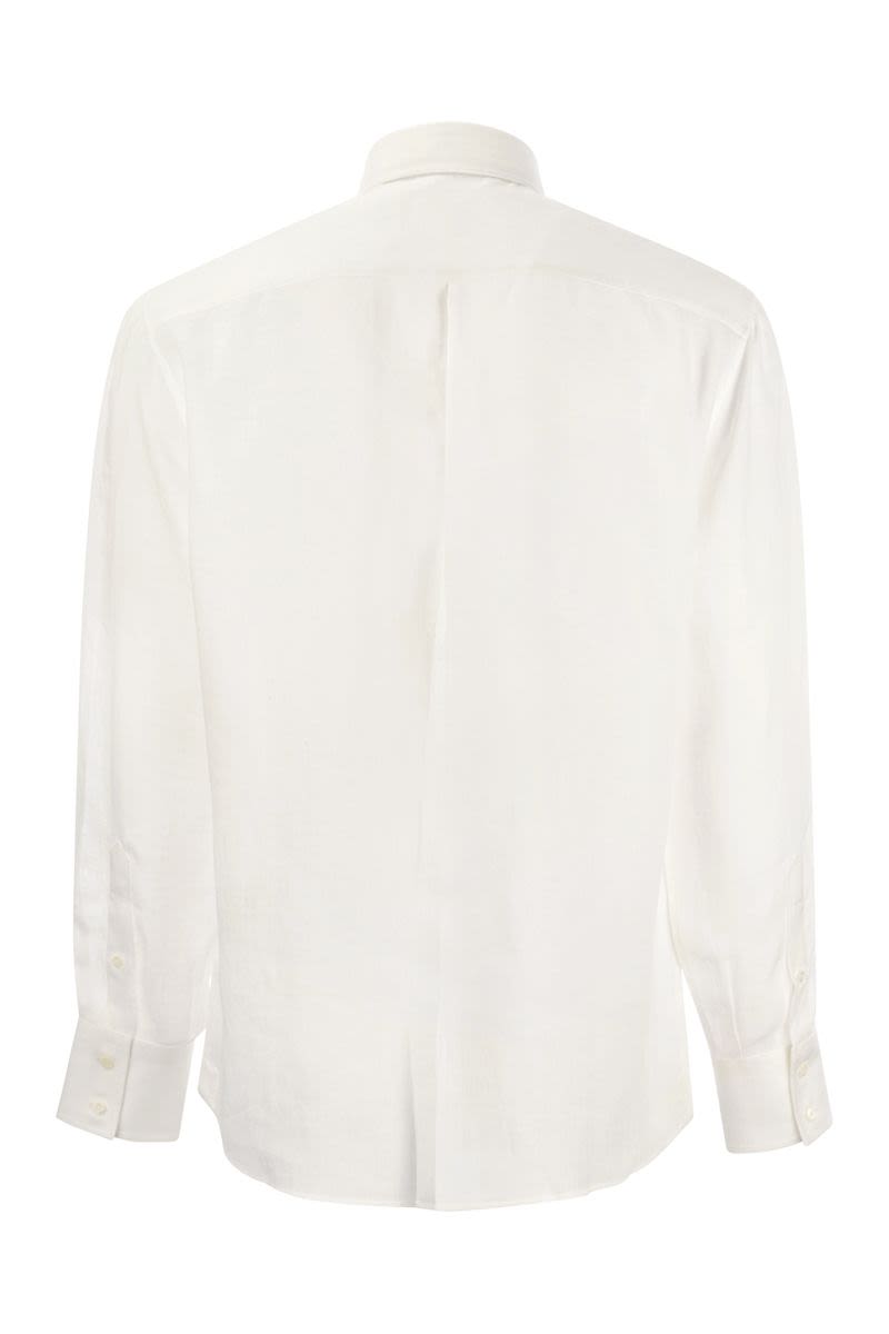 男士白色亞麻衫，法式領扣和基本版型，適合SS24