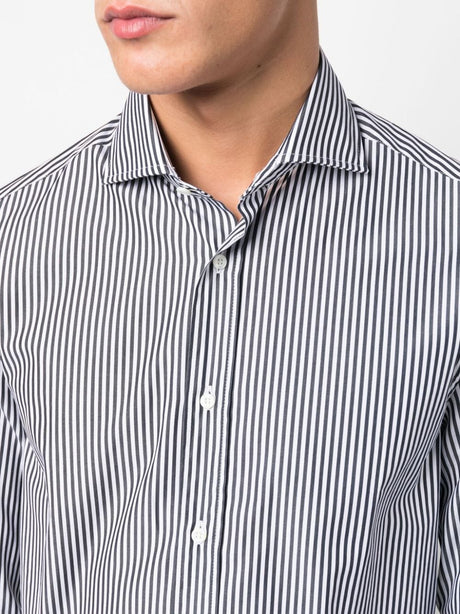 男士条纹纯棉衬衫，经典领口，前扣设计