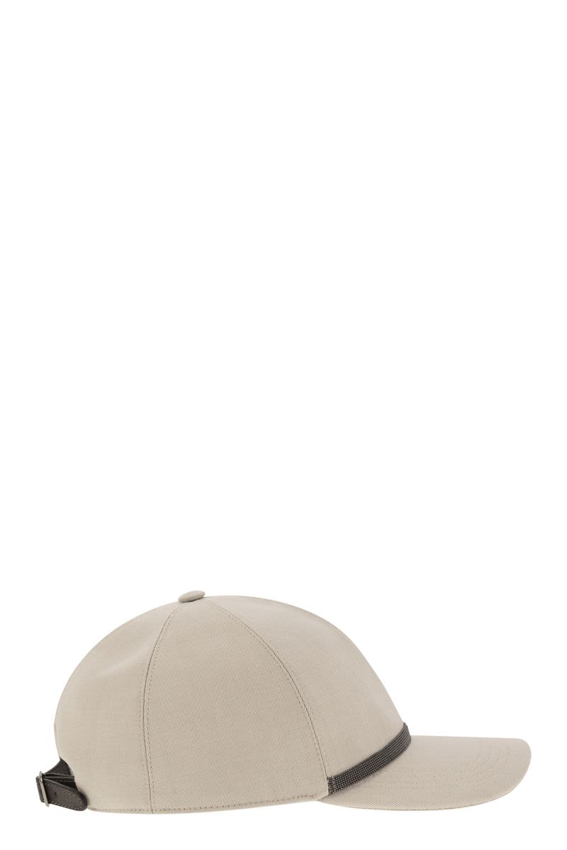 BRUNELLO CUCINELLI Luxurious Viscose and Linen Gabardine Baseball Cap with Embroidered Monile Stripe and Adjsutable Leather Strap