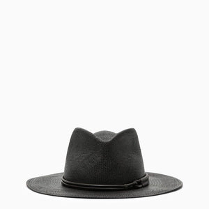 黑色草帽 – 女士皮革和珠链装饰