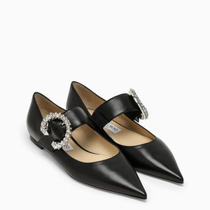 JIMMY CHOO Black Leather Pointed Toe Ballerina with Crystal Buckle