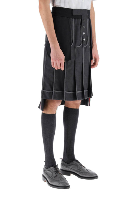 THOM BROWNE Men's Melange Wool Twill Pleated Midi Skirt in Grey