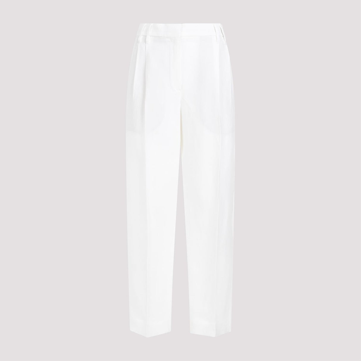 白色頗鬆軟的褲裝，使用粘膠和亞麻流質斜織線及金線織製