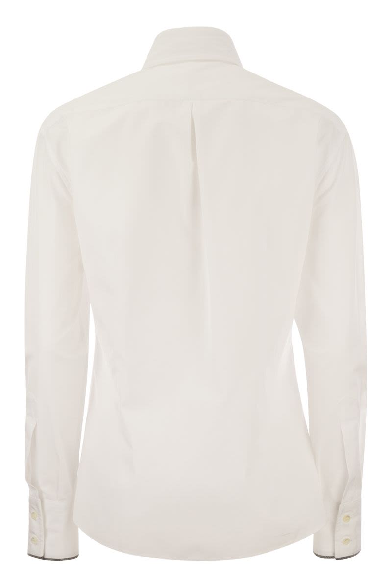 White Stretch Cotton Poplin Shirt with Metallic Trim for Women