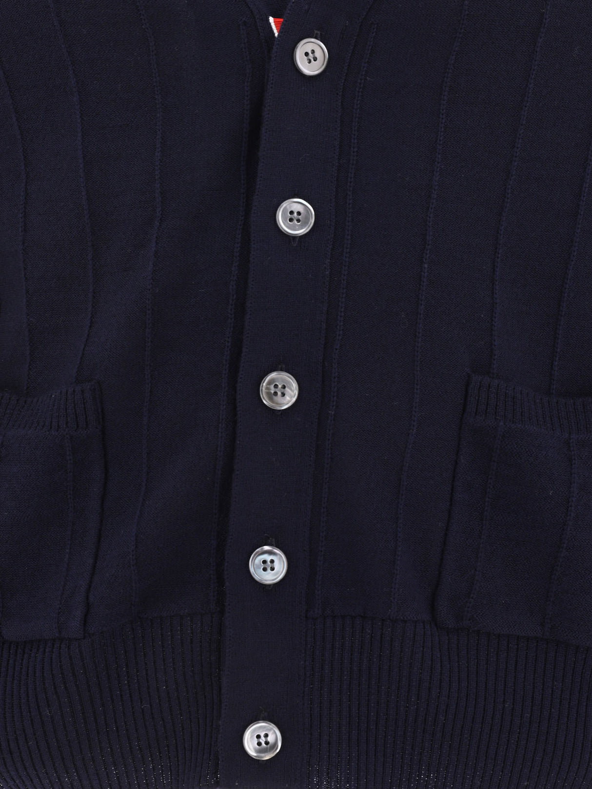 THOM BROWNE Blue Wool V-Neck Cardigan with RWB Details for Men