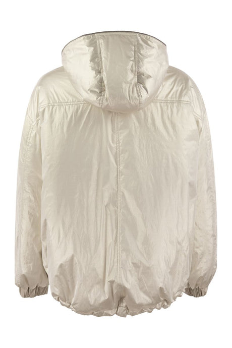 BRUNELLO CUCINELLI Reversible Platinum Hooded Puffer Jacket with Monile Detail