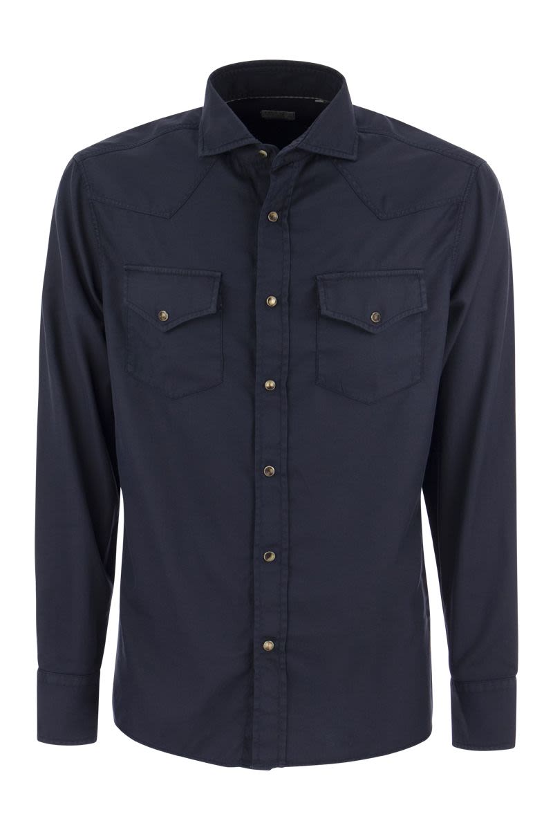 Men's Casual Blue Twill Shirt with Western-Inspired Details