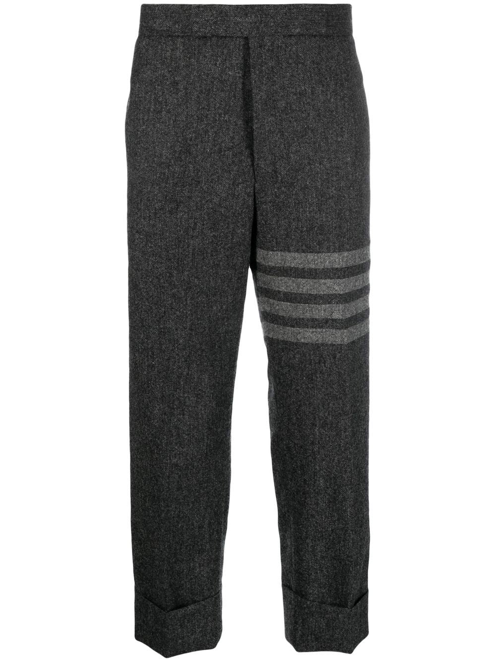 THOM BROWNE Men's Grey Tweed Drop-Crotch Trousers with Signature Stripe and Cropped Leg