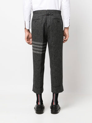 THOM BROWNE Men's Grey Tweed Drop-Crotch Trousers with Signature Stripe and Cropped Leg