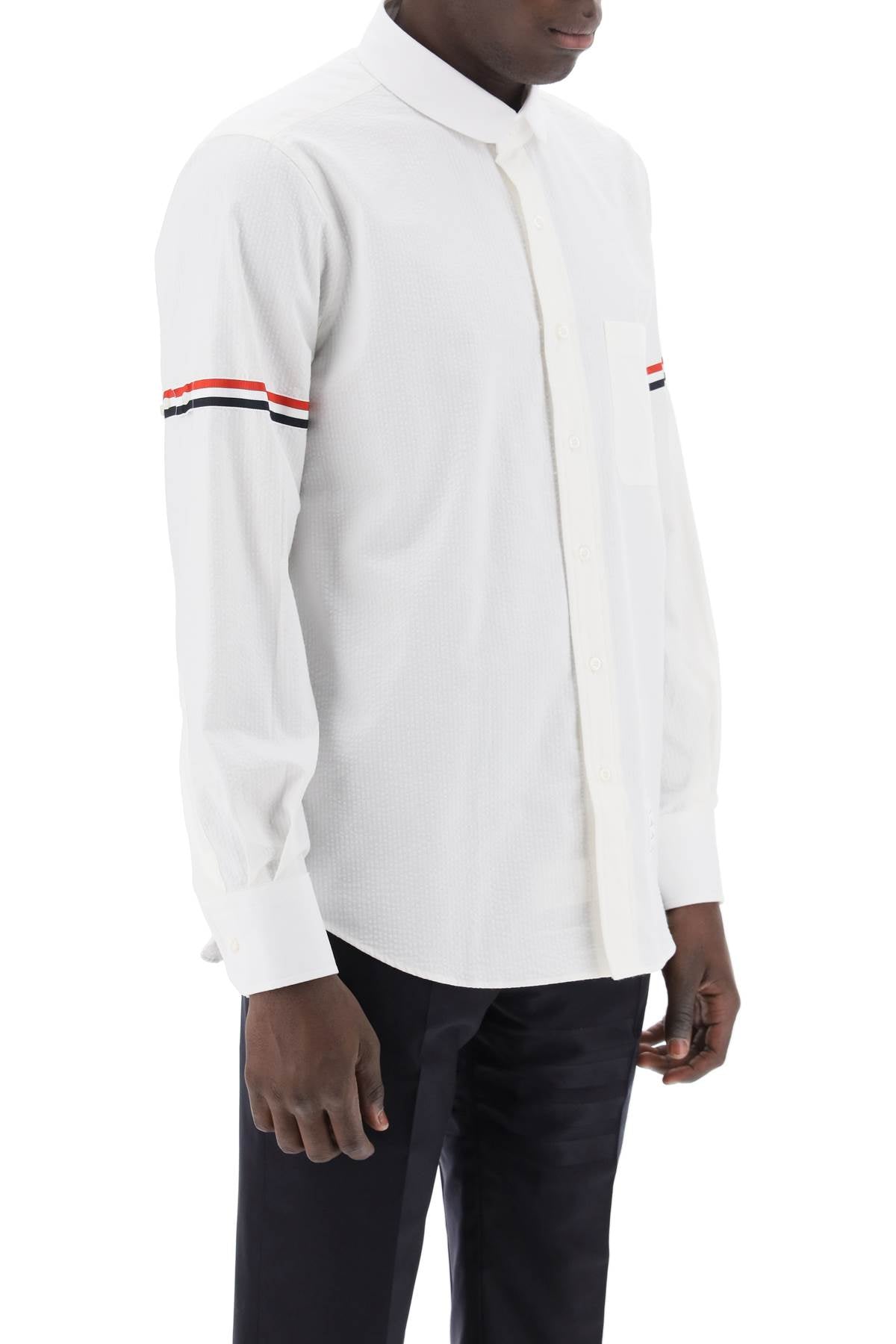 THOM BROWNE White Seersucker Shirt with Rounded Collar for Men | SS24 Collection
