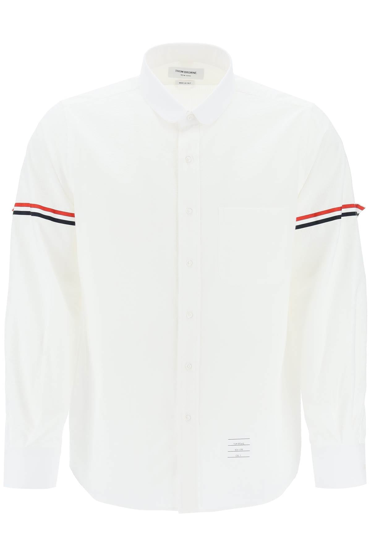 White Seersucker Shirt with Tricolor Details and Rounded Collar