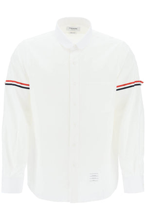 White Seersucker Shirt with Tricolor Details and Rounded Collar