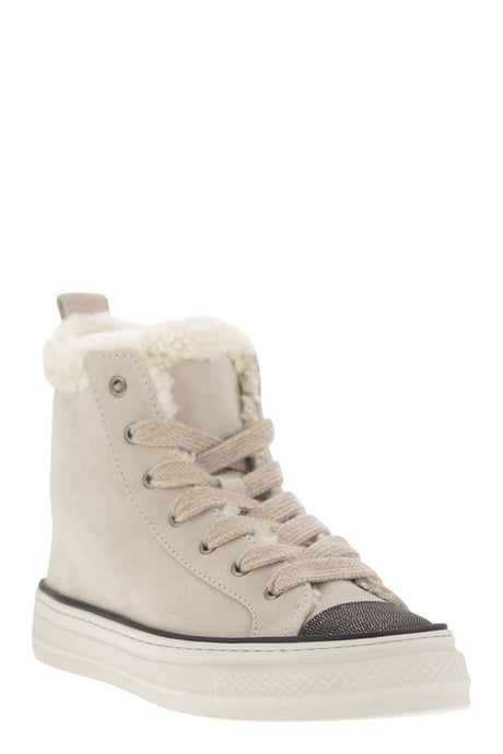 BRUNELLO CUCINELLI Luxury Suede Sneakers with Shearling Lining and Jeweled Toe Cap - 3.5 cm Sole