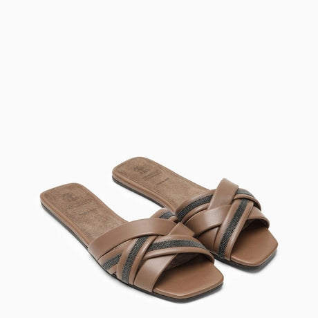 Brown Leather Criss-Crossed Slide Sandals for Women by BRUNELLO CUCINELLI