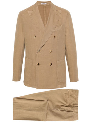 BOGLIOLI Men's Double-Breasted Suit in Camel Brown Cotton-Linen Blend for SS24