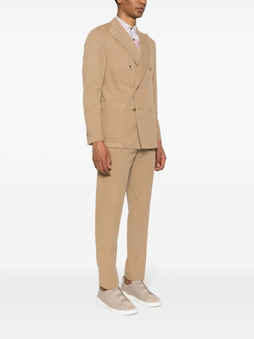 BOGLIOLI Men's Double-Breasted Suit in Camel Brown Cotton-Linen Blend for SS24