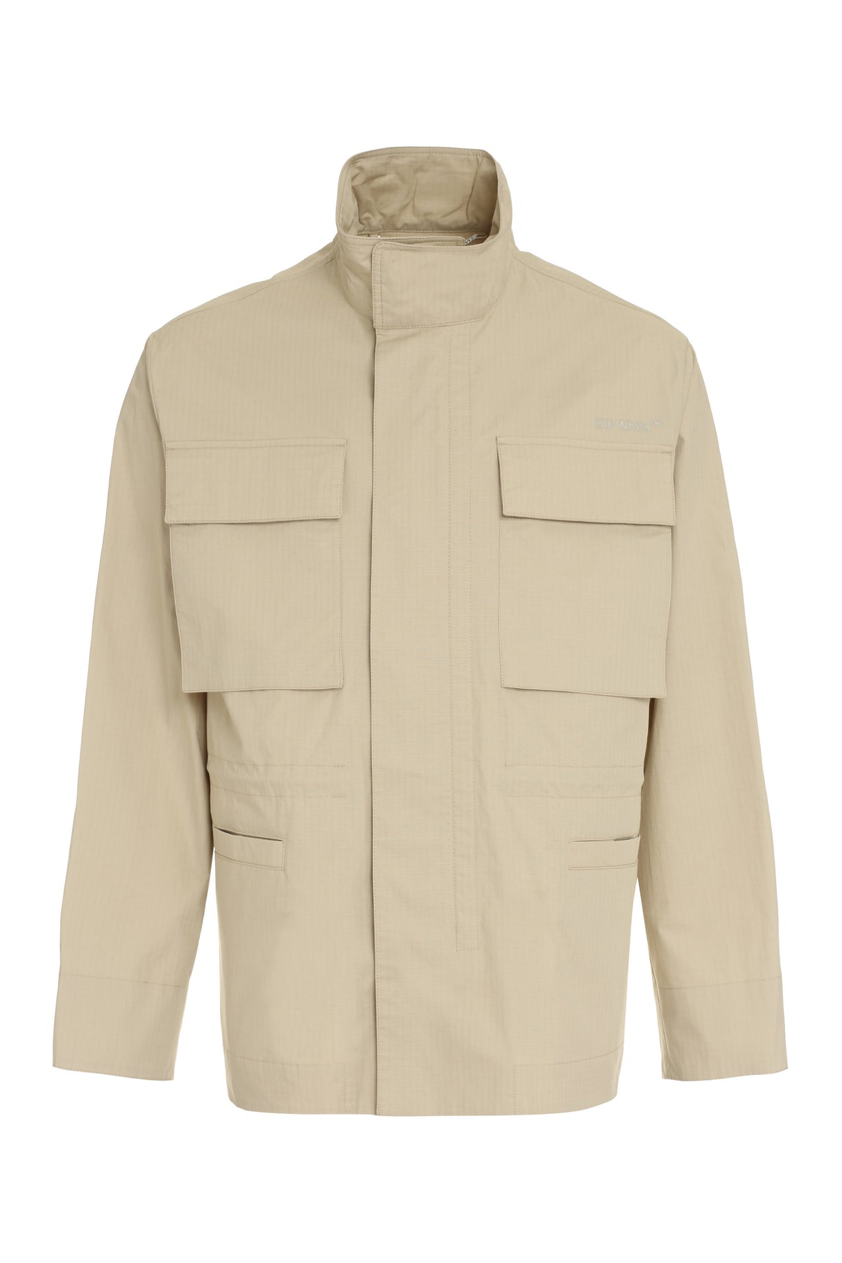 OFF-WHITE Beige Multi-Pocket Cotton Jacket with Adjustable Waist and Back Print