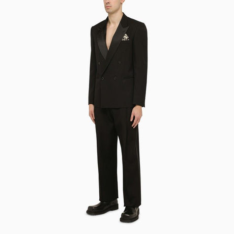 Áo khoác nam phong cách hai hàng, chất liệu len tơ lụa màu đen cho mùa xuân hạ