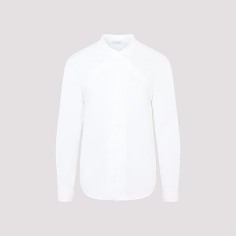男式白色棉襯衫，配有交叉帶和圓擺